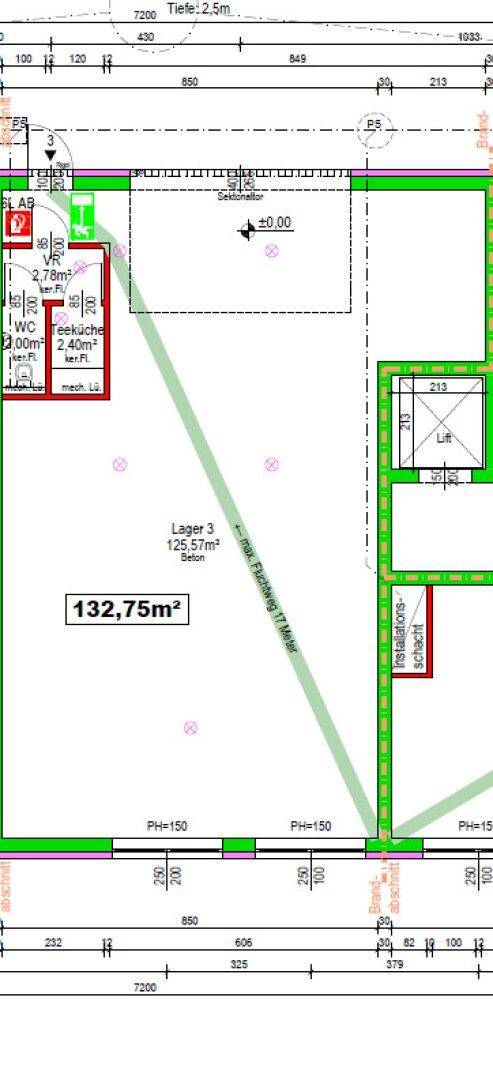 Detaillierter Grundriss eines Lagerraums mit Teeküche und WC, Gesamtfläche 132,75m².