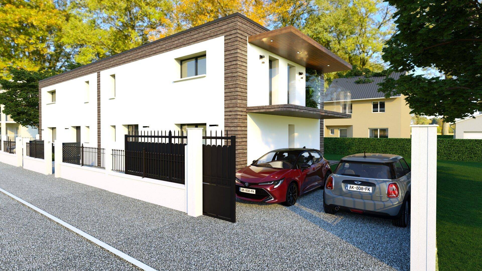 Moderne Doppelhaushälfte mit weißer Fassade, Holzelementen und zwei geparkten Autos.