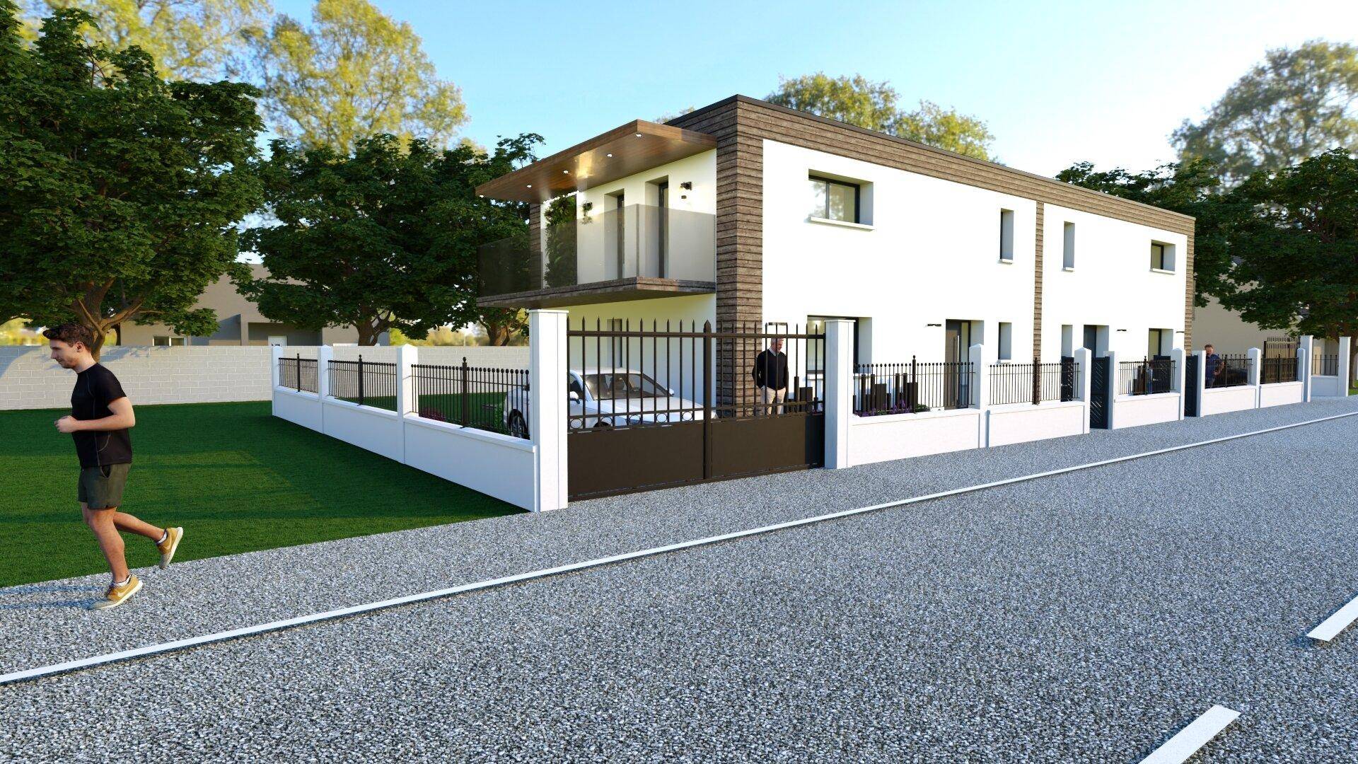 Moderne Doppelhaushälfte mit weißer Fassade, Holzelementen und gepflegtem Vorgarten.