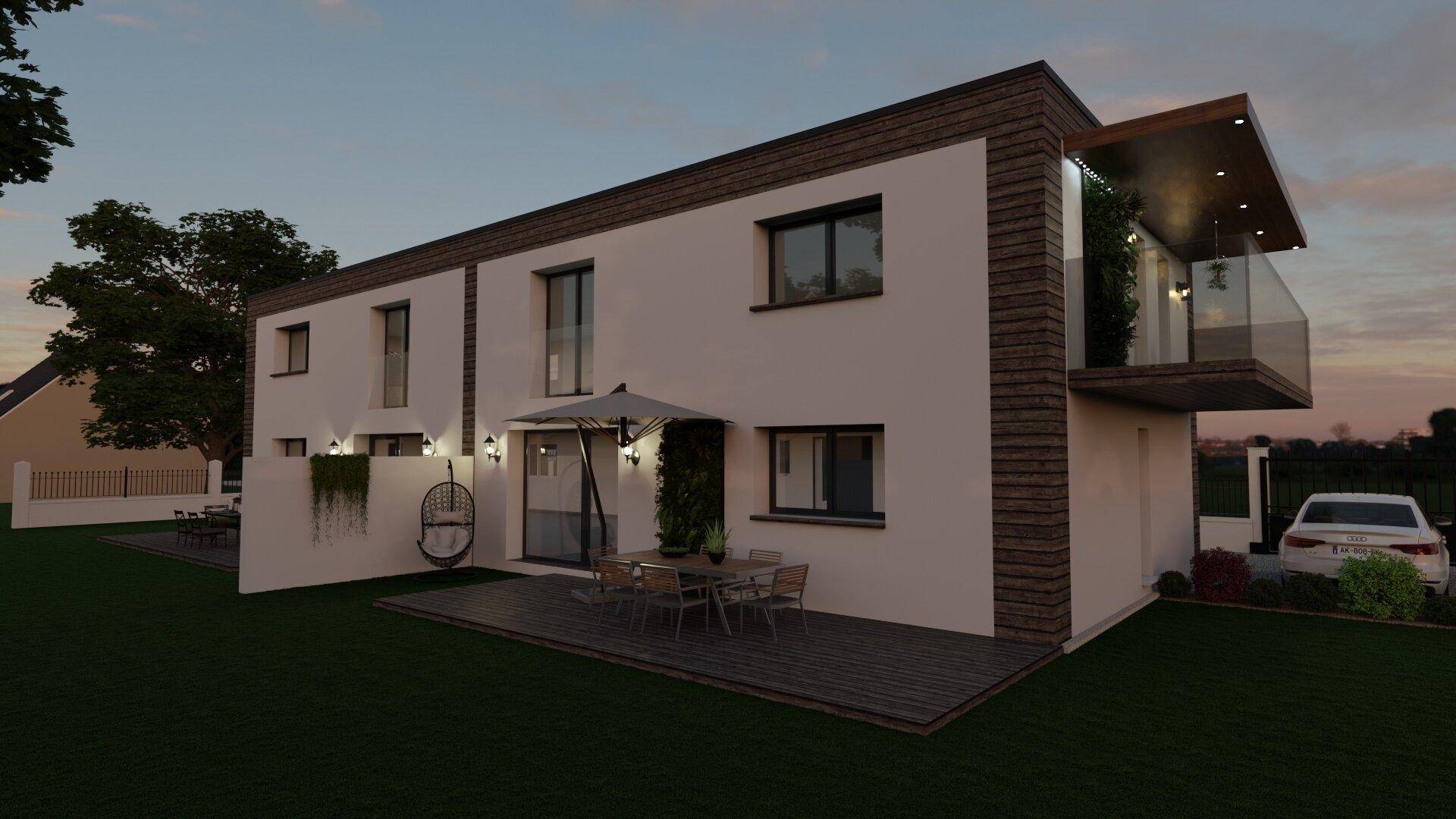 Hinterhof mit Holzterrasse, Gartenmöbeln und Balkon bei Dämmerung.