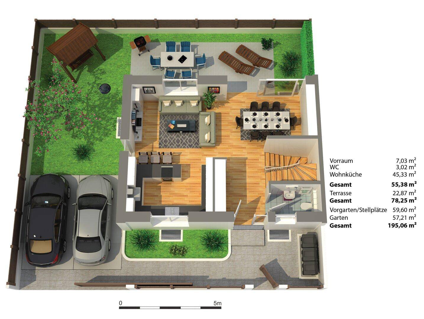 Grundriss des Erdgeschosses mit offener Wohnküche, Essbereich und Terrasse.