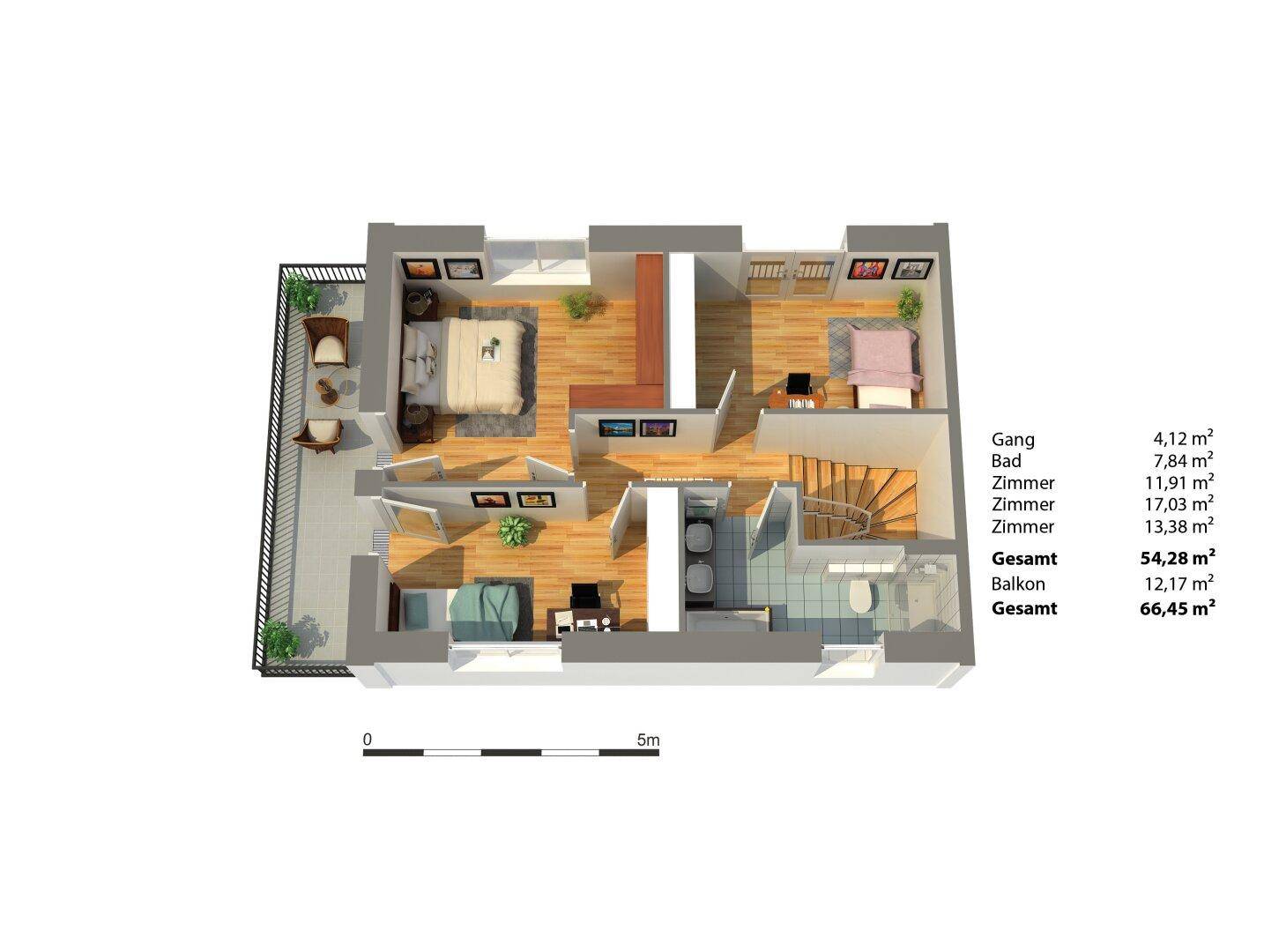 Grundriss des Obergeschosses mit drei Schlafzimmern, Bad und Balkon.