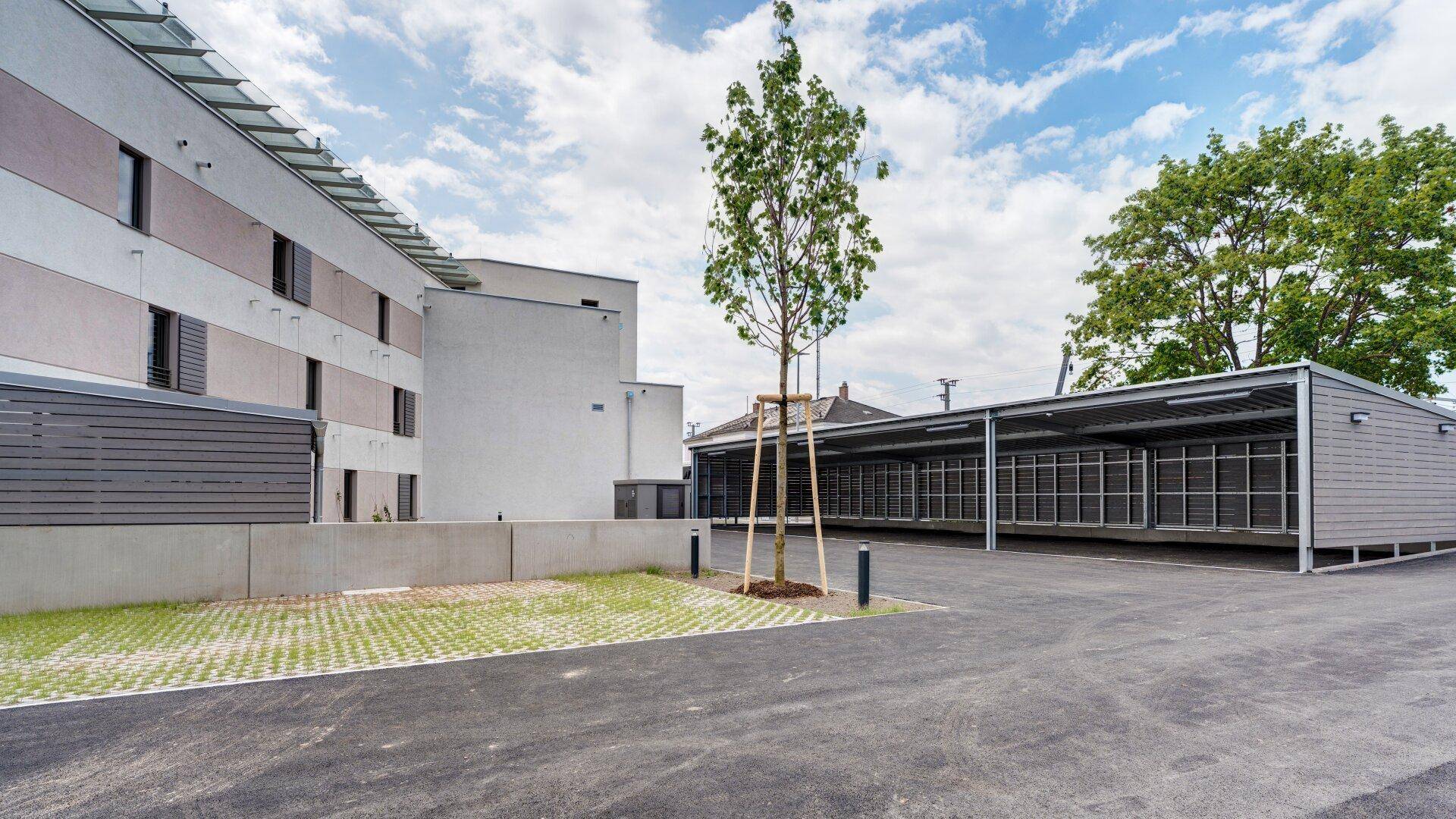 Gesamtansicht eines Neubaus mit Carports, Parkplätzen und gepflegten Grünflächen.