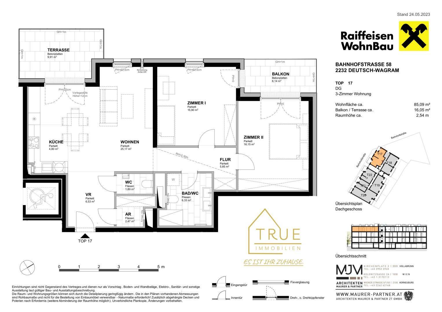 Grundriss einer 3-Zimmer-Wohnung mit Terrasse, Balkon und separatem WC.