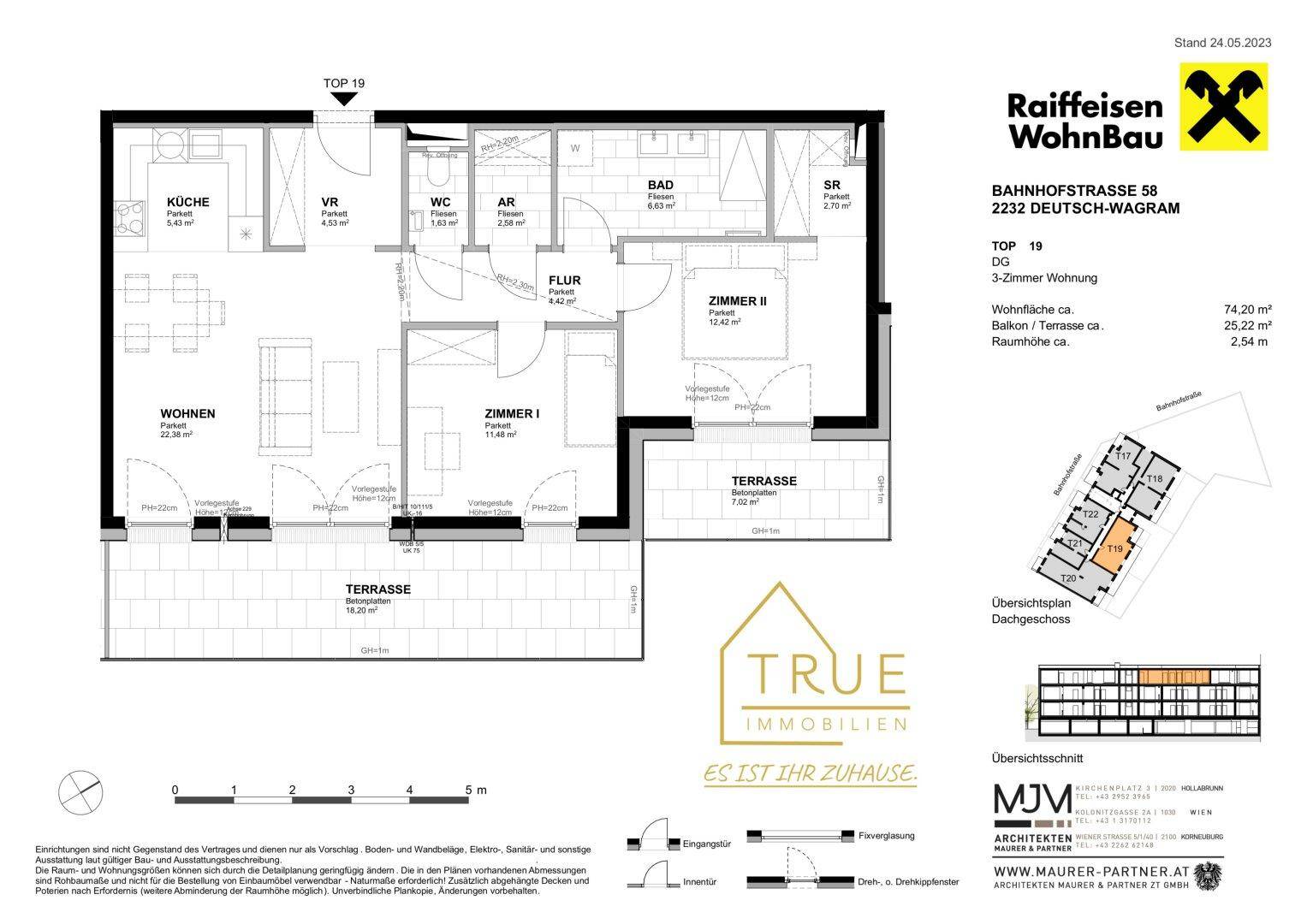 Detaillierter Grundriss einer 3-Zimmer-Wohnung mit großer Terrasse und offenem Wohnbereich.