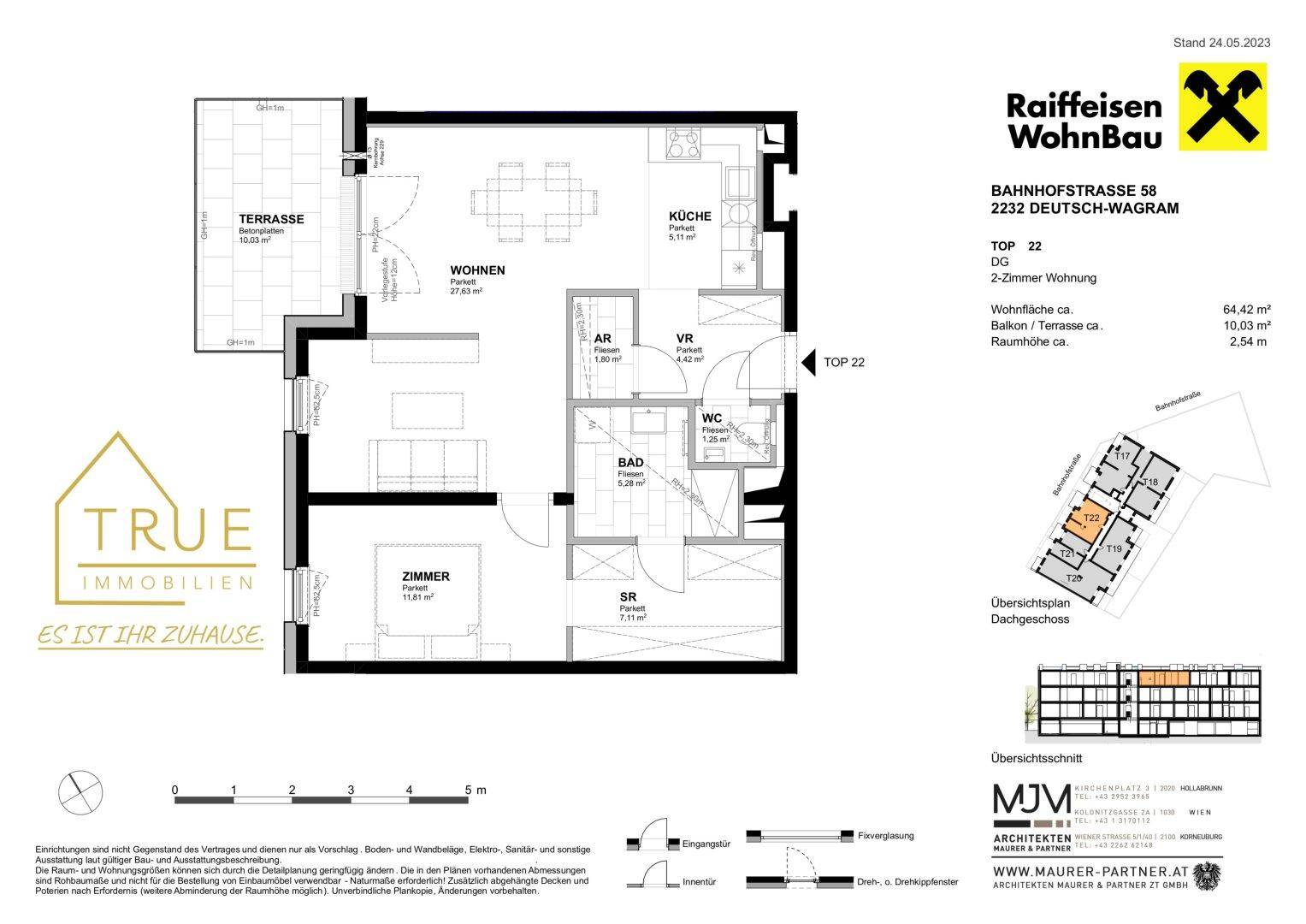 Grundriss einer Wohnung mit Wohnzimmer, Küche, Schlafzimmer, Bad, WC und Terrasse.