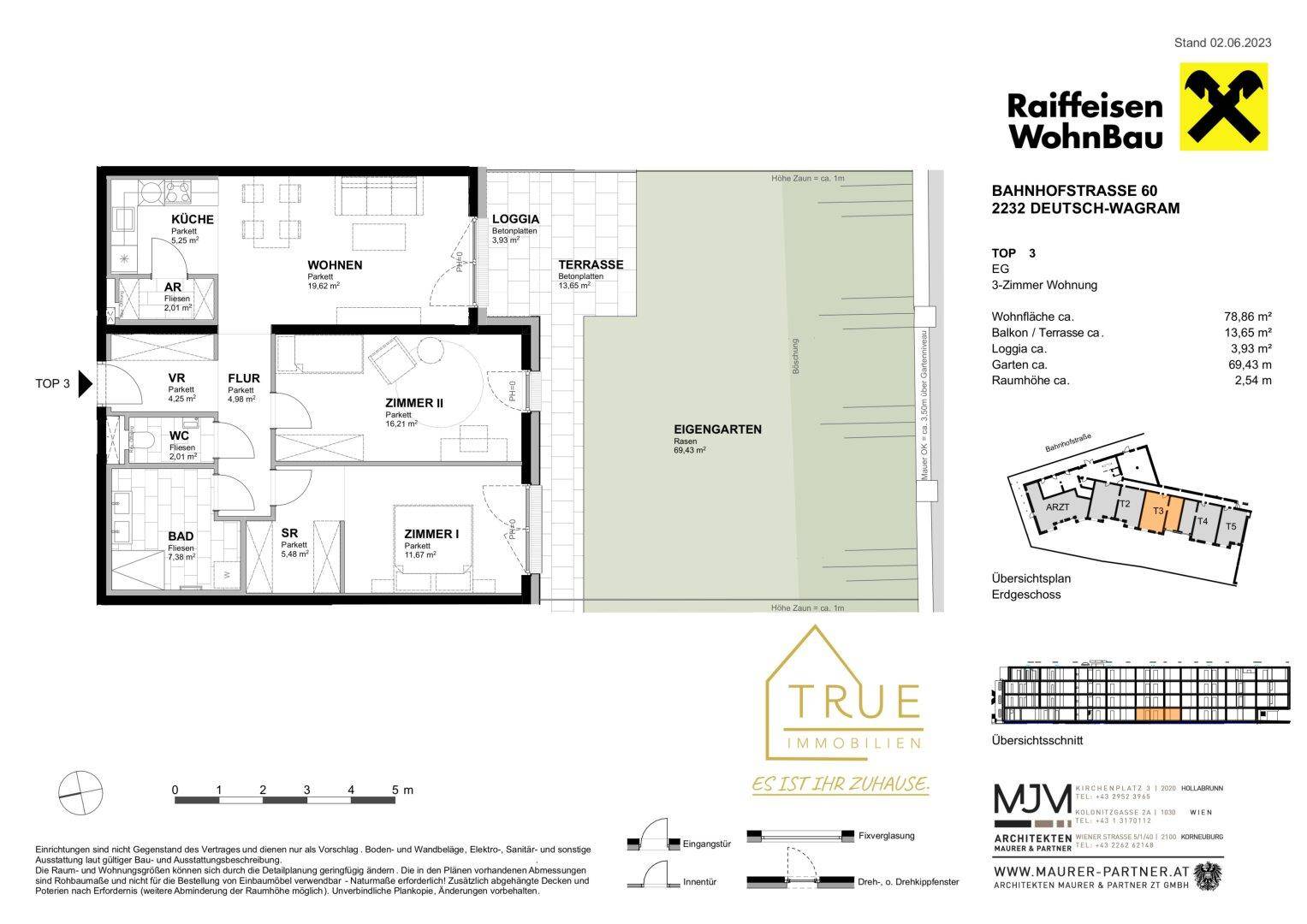Grundriss einer 3-Zimmer-Wohnung mit offenem Wohnbereich, Loggia, Terrasse und Eigengarten.