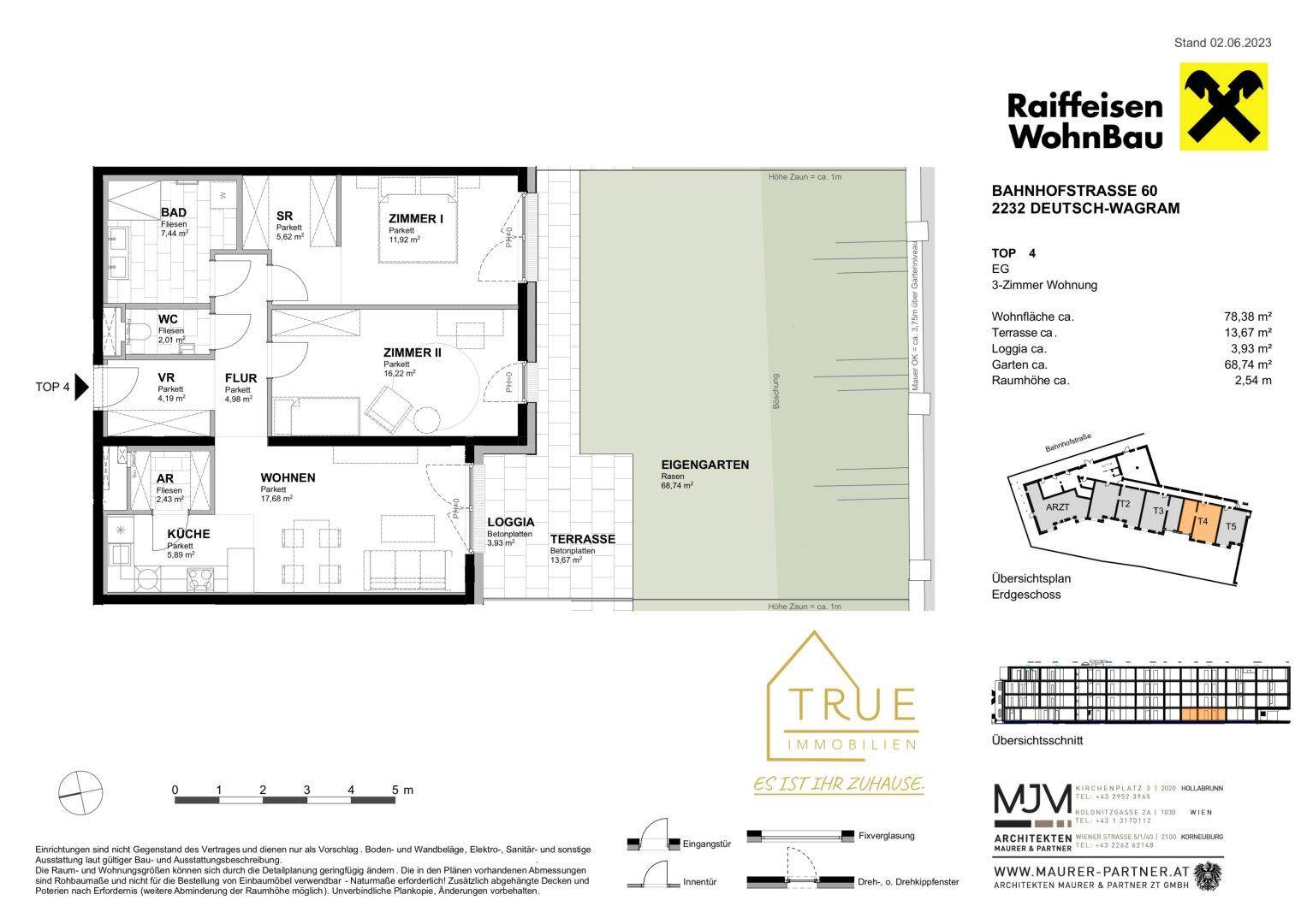 Detaillierter Grundriss einer 3-Zimmer-Wohnung mit Garten, Terrasse und Loggia.