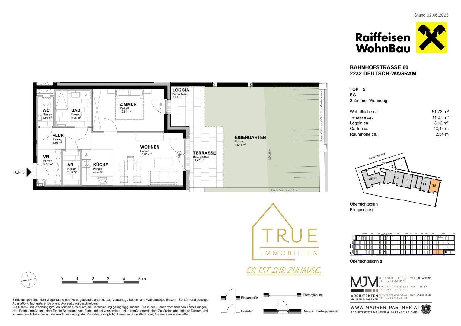 Grundriss einer 2-Zimmer-Wohnung mit offenem Wohnbereich, separatem Schlafzimmer, Bad, WC, Loggia, Terrasse und eigenem Garten.