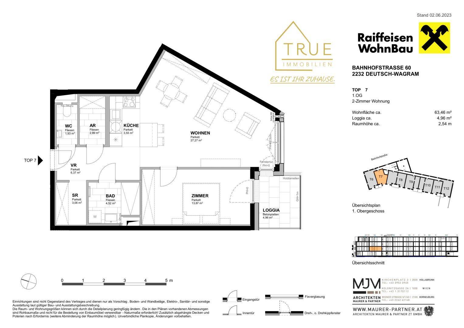 Grundriss einer modernen 2-Zimmer-Wohnung mit offenem Wohnbereich, separatem Schlafzimmer, Loggia und begehbarem Kleiderschrank.