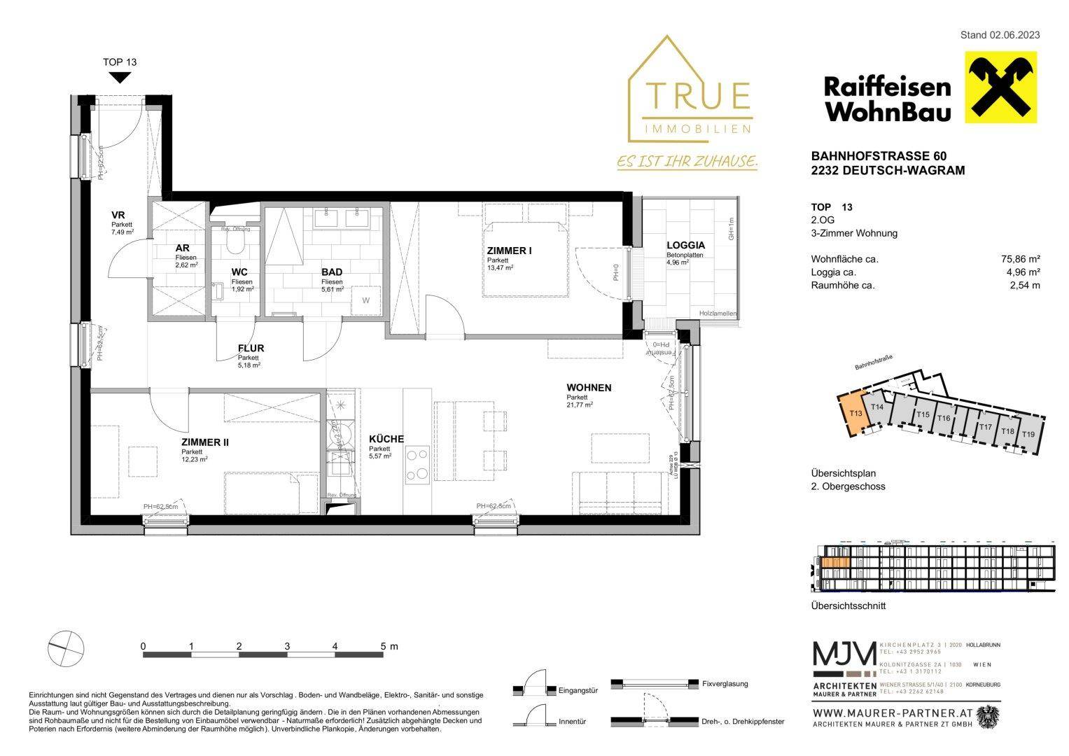 Grundriss einer 3-Zimmer-Wohnung im zweiten Obergeschoss mit offener Wohnküche und Loggia.