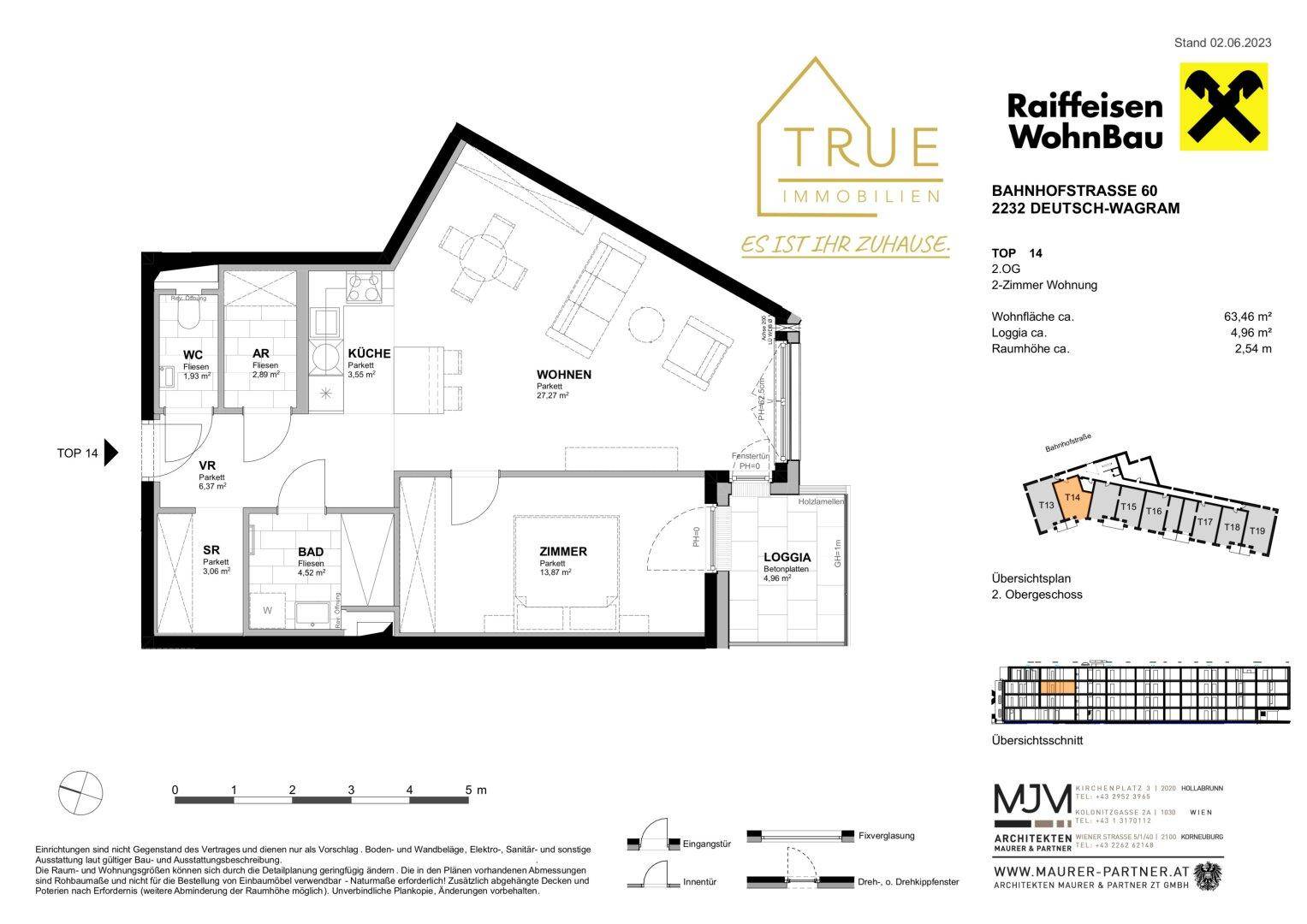 Grundriss einer 2-Zimmer-Wohnung mit offenem Wohnbereich, Loggia und separatem WC.