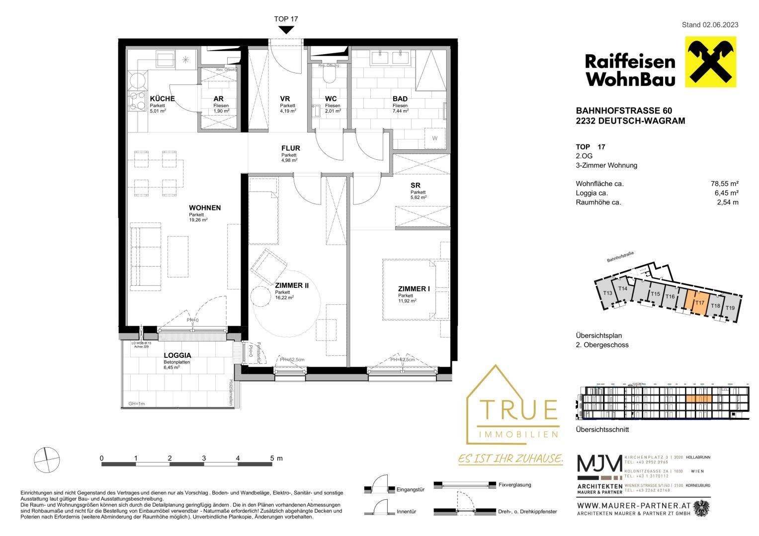 Grundriss einer 3-Zimmer-Wohnung mit Loggia, offenem Wohnbereich und zwei Bädern.