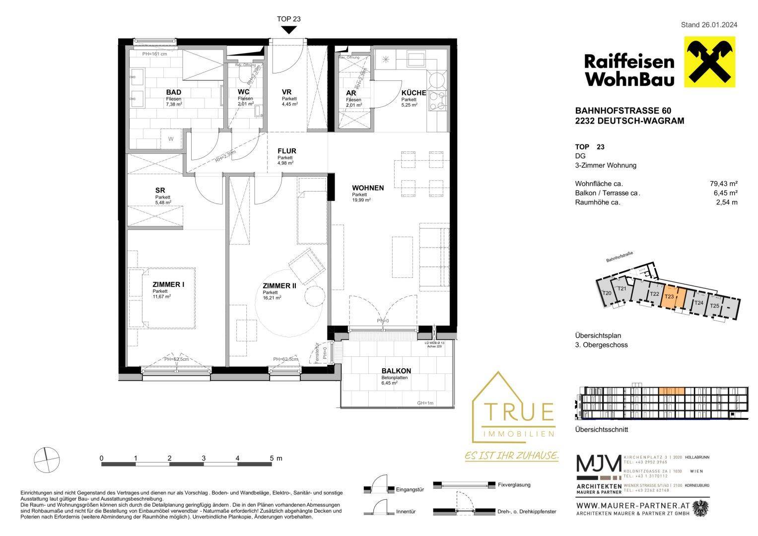 Grundriss einer 3-Zimmer-Wohnung mit Balkon, zwei Bädern und separatem WC.