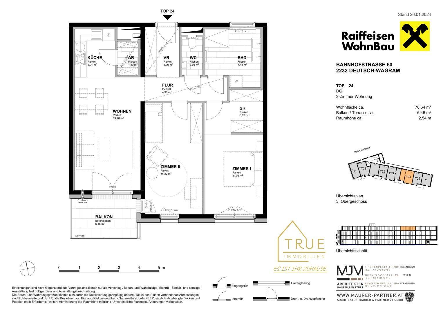 Grundriss einer 3-Zimmer-Wohnung mit Balkon und separatem WC.