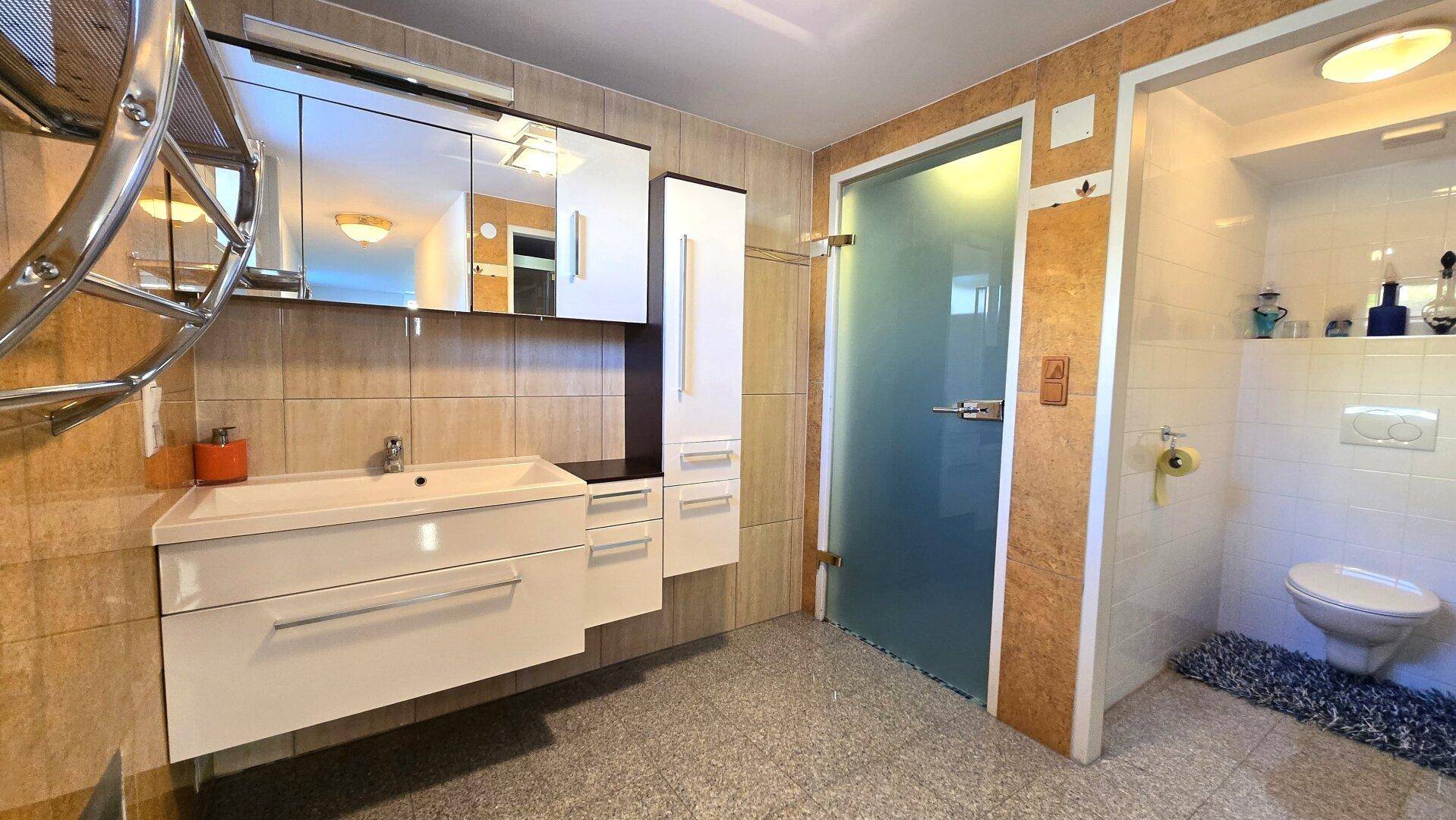Modernes Badezimmer mit Waschtisch, Spiegelschrank und separatem WC-Bereich hinter Glastür.