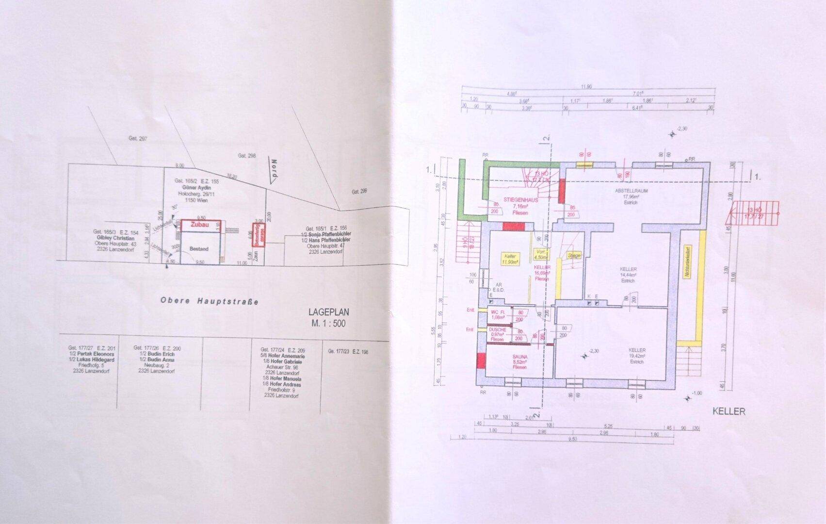 Grundriss des Kellers und Lageplan des Grundstücks mit umliegender Bebauung.
