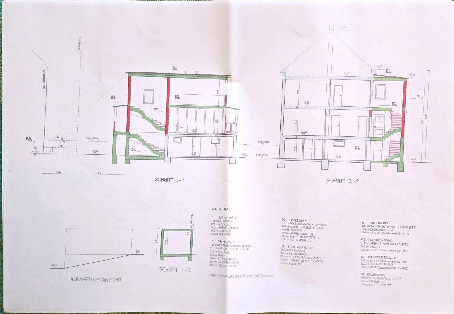 Architektonische Schnittzeichnungen des Gebäudes und Ansicht der Garage von Osten.