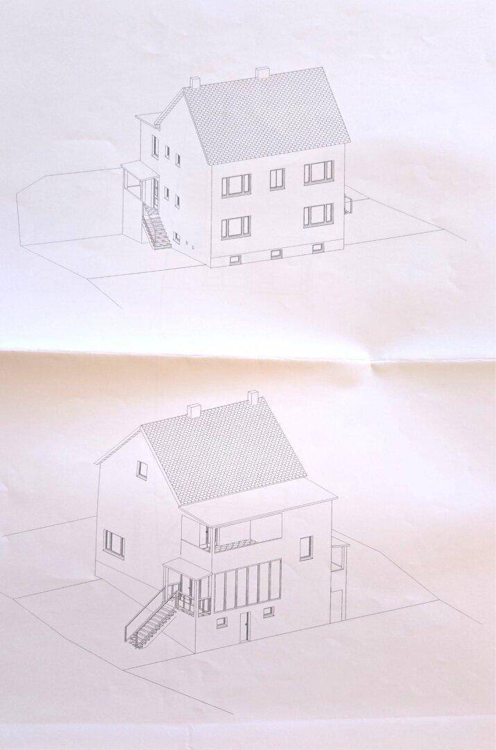 Zwei perspektivische Ansichten des Hauses, die das äußere Erscheinungsbild zeigen.