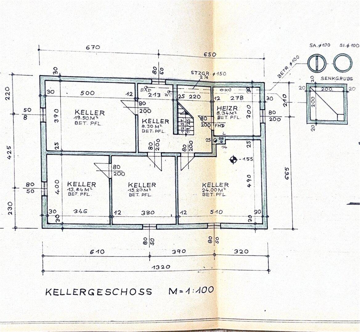 Grundriss des Kellergeschosses mit mehreren Kellerräumen und Heizungsraum.