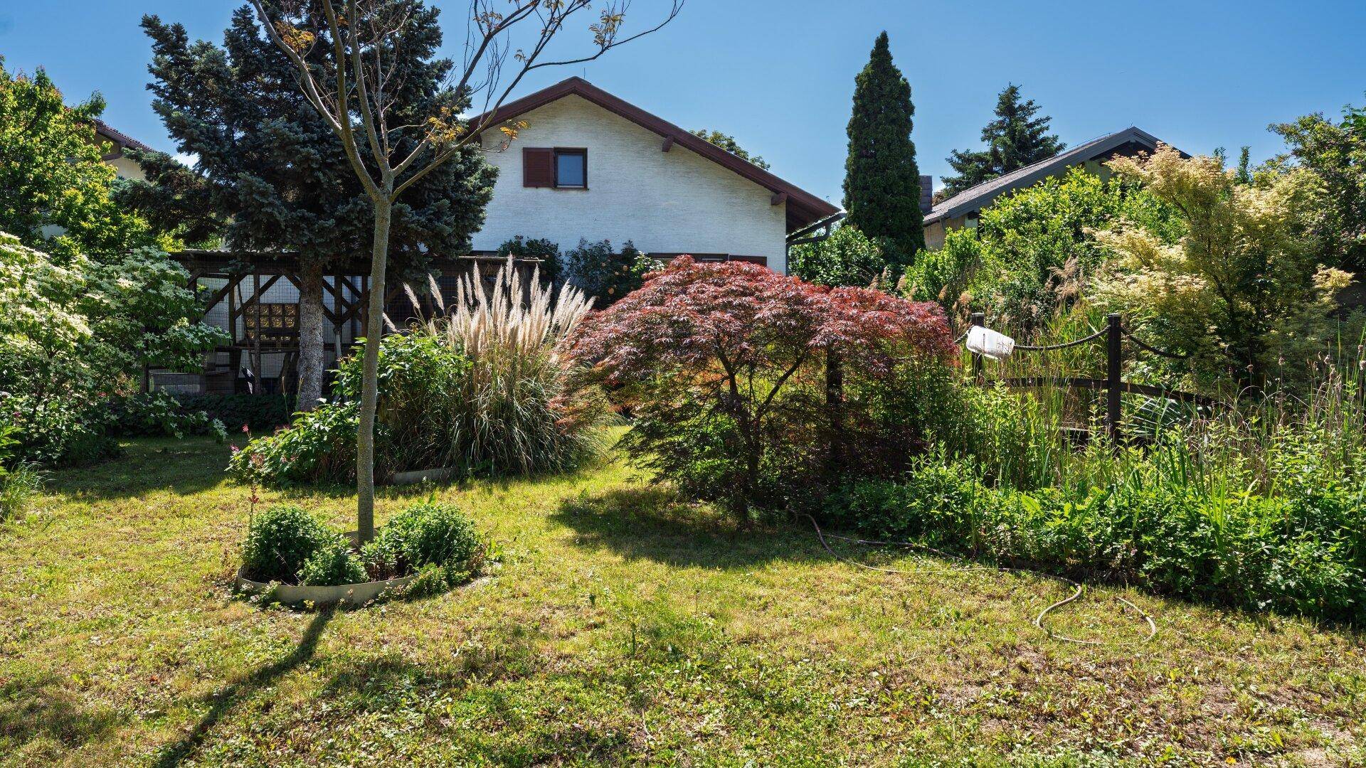 Weitläufiger Garten mit Rasenfläche und Zierpflanzen, Blick auf das Wohnhaus im Hintergrund.