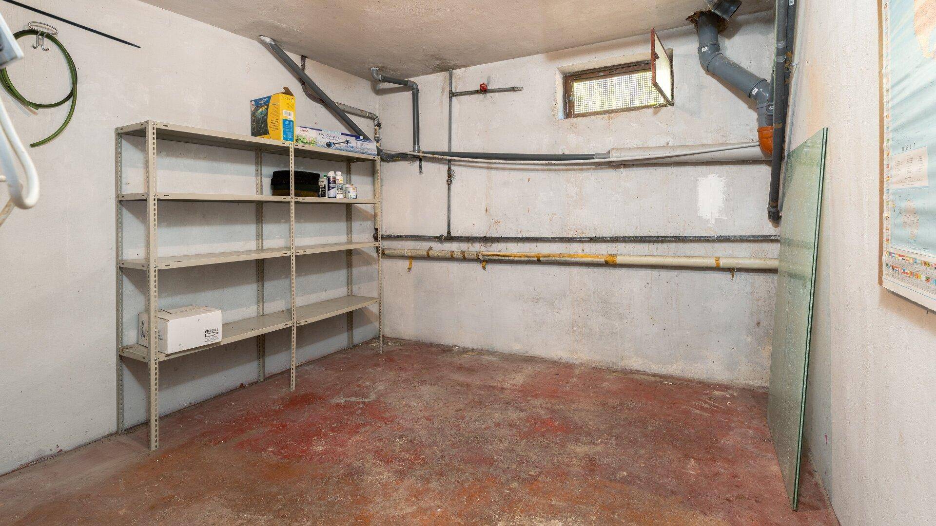 Praktischer Abstellraum im Keller mit Regalen und Betonboden, ideal für Lagerzwecke.