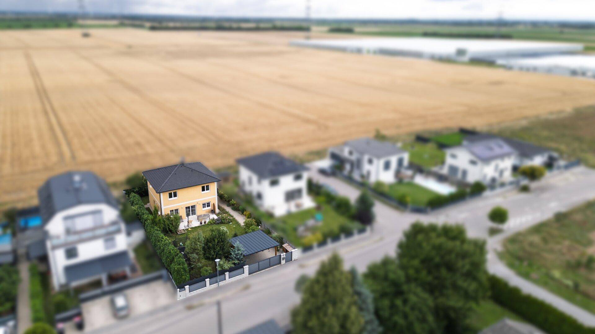 Luftaufnahme eines Wohngebiets mit Einfamilienhäusern, Gärten und weiten Feldern im Hintergrund.