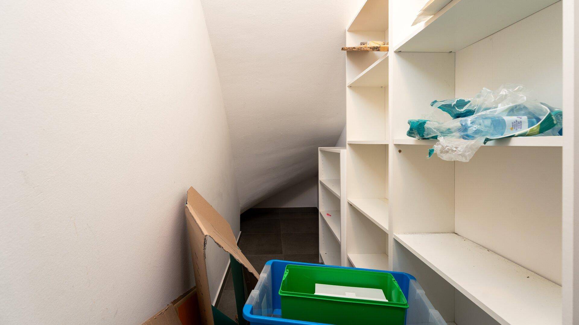 Praktischer Abstellraum mit Regalen und schräger Decke für zusätzlichen Stauraum.