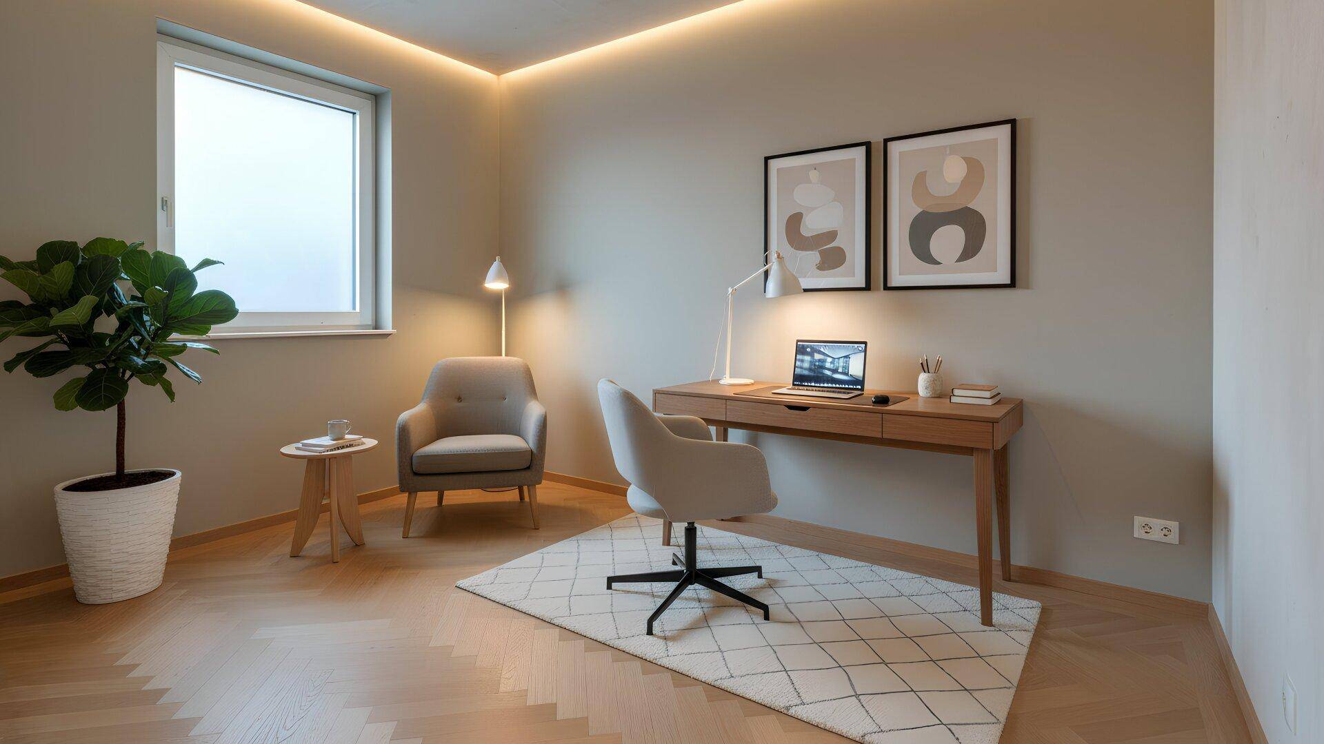 Modern eingerichtetes Arbeitszimmer mit Holzparkett, indirekter Beleuchtung und großem Fenster.