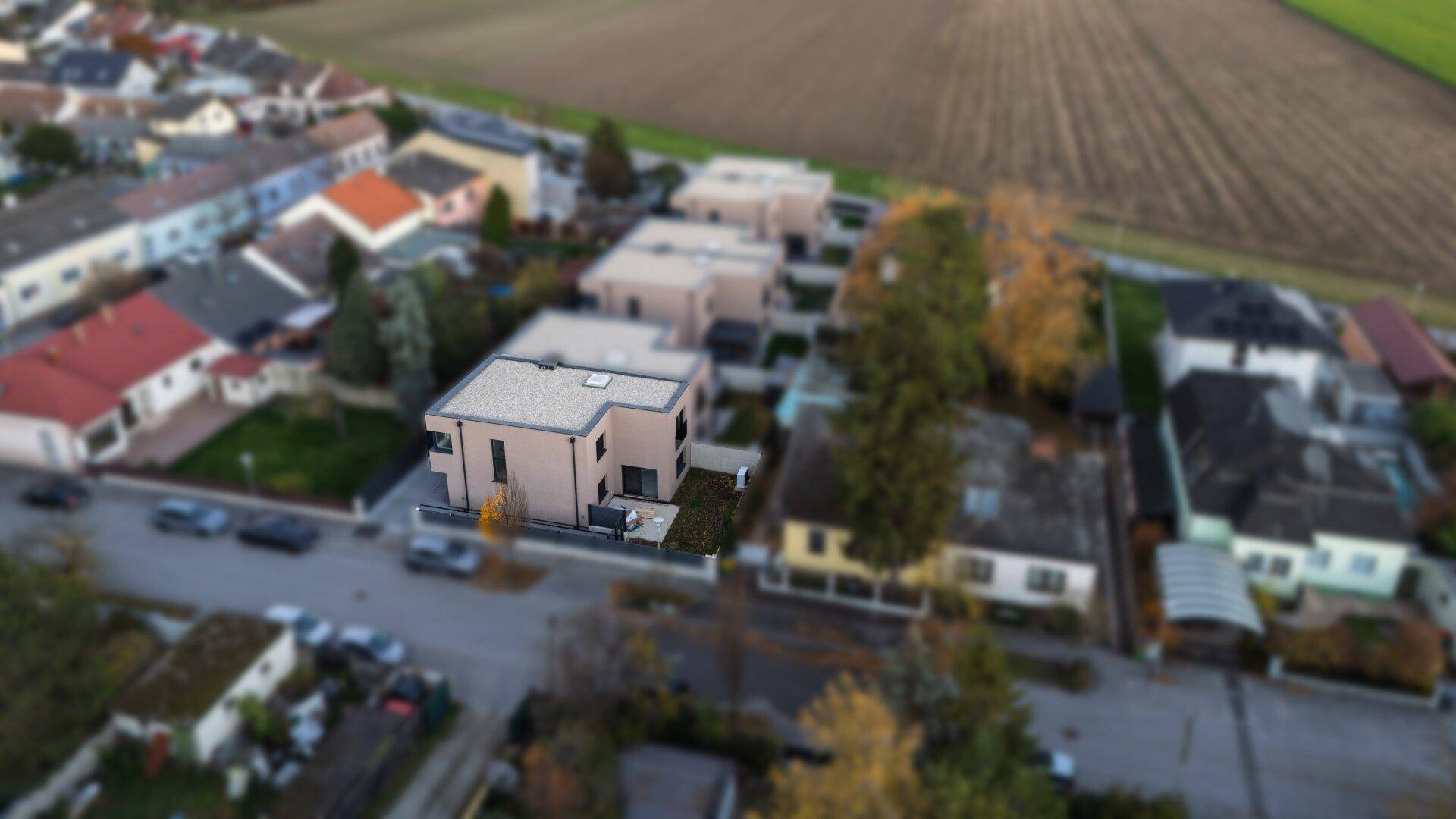 Übersichtliche Luftaufnahme der Wohnanlage in einer ruhigen Wohngegend mit viel Grün.