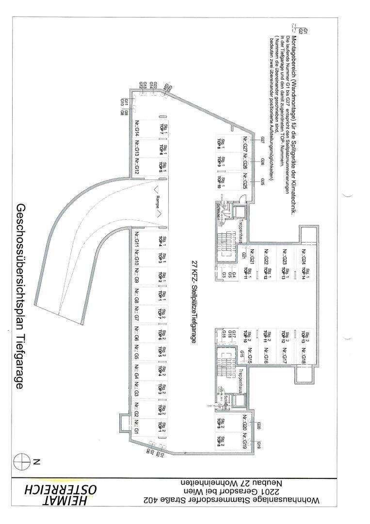 Grundrissplan einer Tiefgarage mit 27 Stellplätzen, Zufahrt und Fahrradräumen.