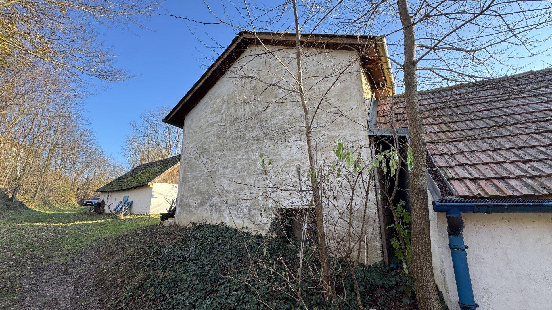 Seitenansicht des alten Landhauses mit angrenzendem Gebäude und üppiger Vegetation.