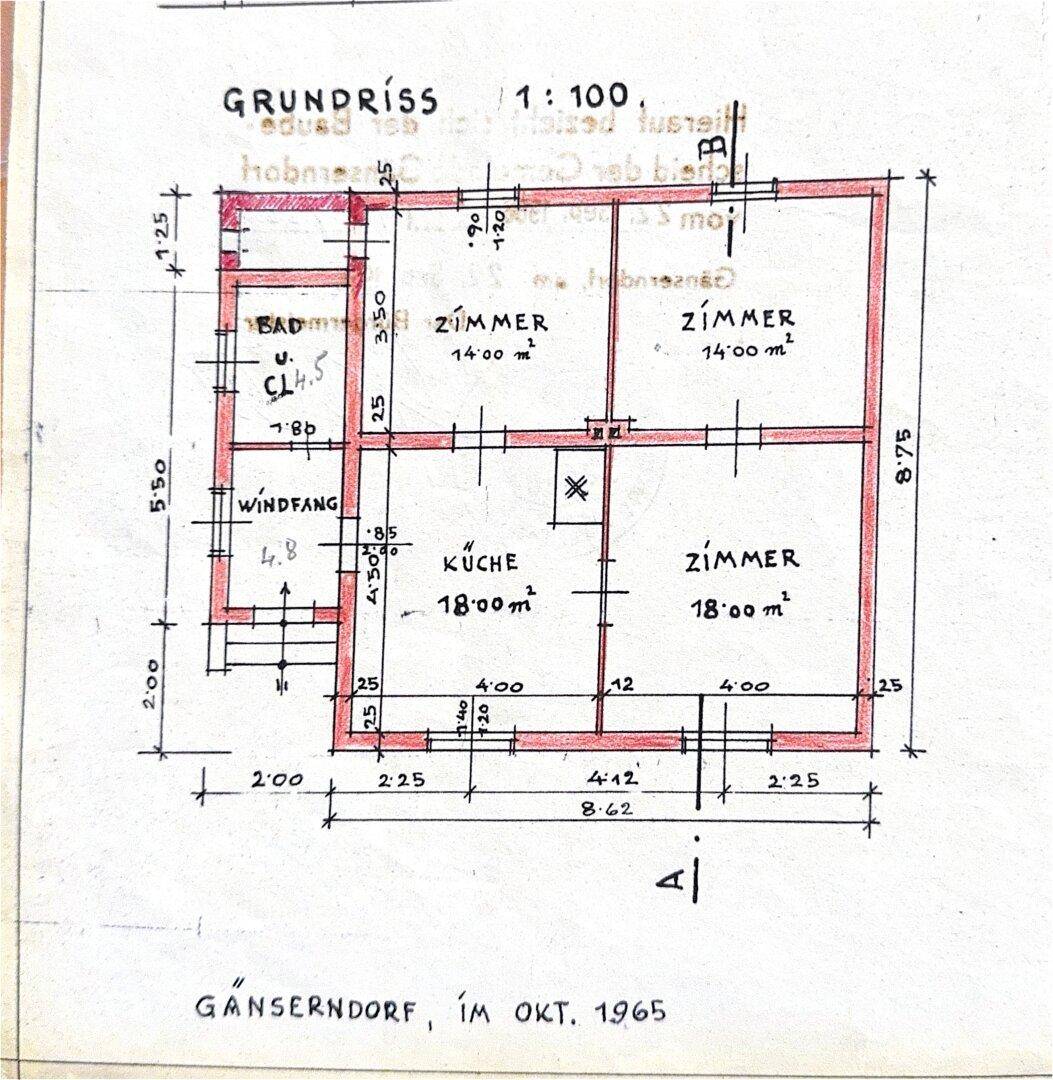 Historischer Grundrissplan des Hauses aus dem Oktober 1965 mit Raumaufteilung und Maßen.