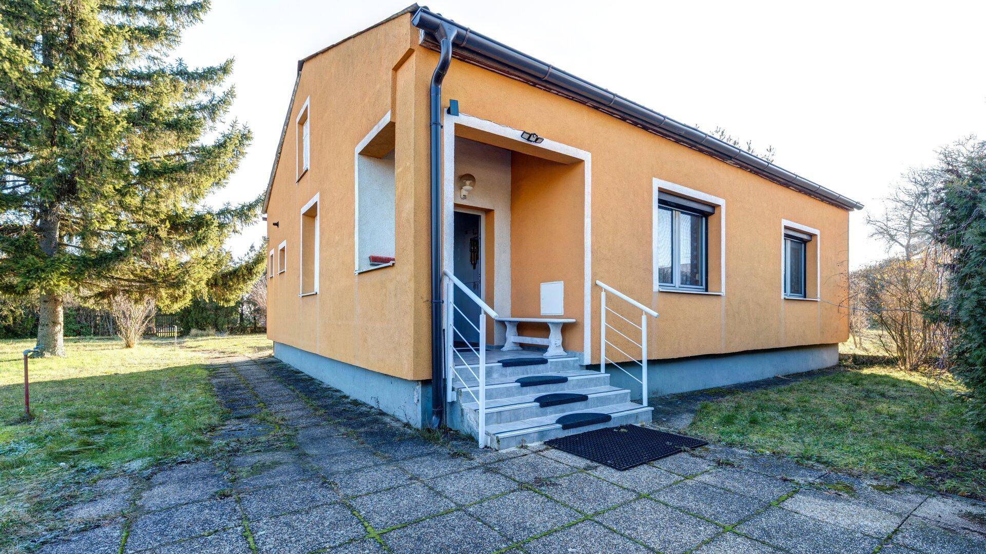 Eingangsbereich des Hauses mit Treppe und gepflastertem Zugangsbereich.