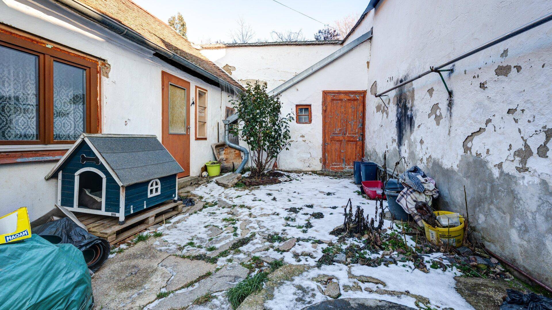 Verschneiter Innenhof mit einem kleinen Baum, Hundehütte und alten Gebäudewänden, rustikaler Charme.