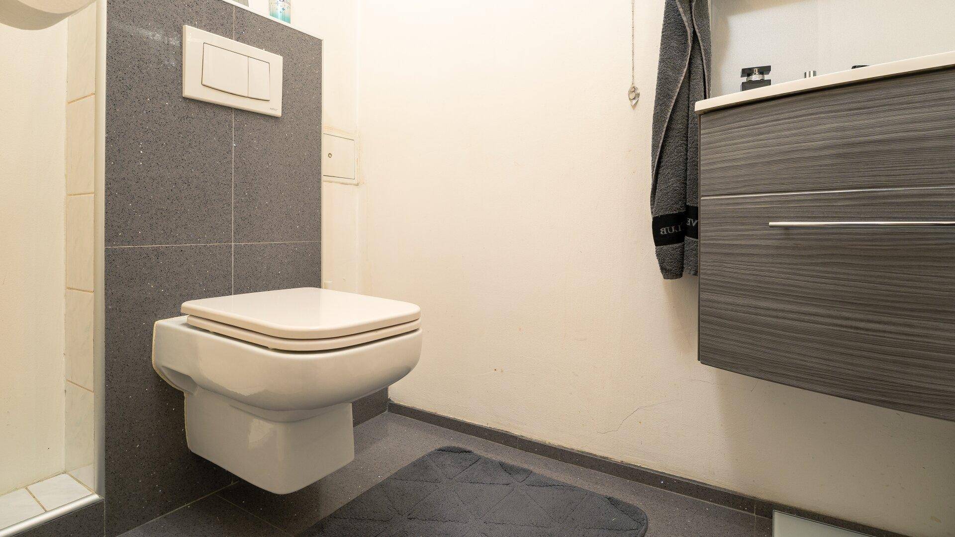 Kleines Badezimmer mit wandmontierter Toilette und einem Waschbeckenunterschrank.