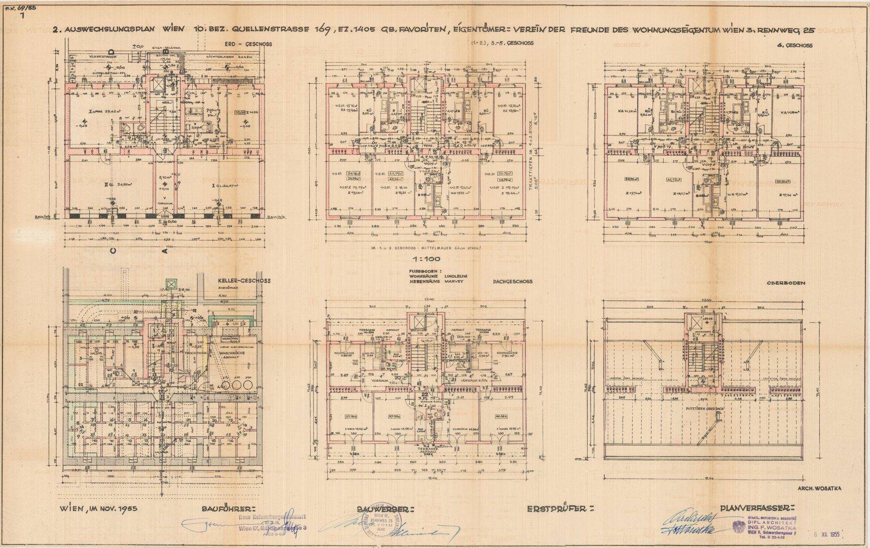 Detaillierter Ausführungsplan mit mehreren Grundrissen und technischen Zeichnungen des Gebäudes.