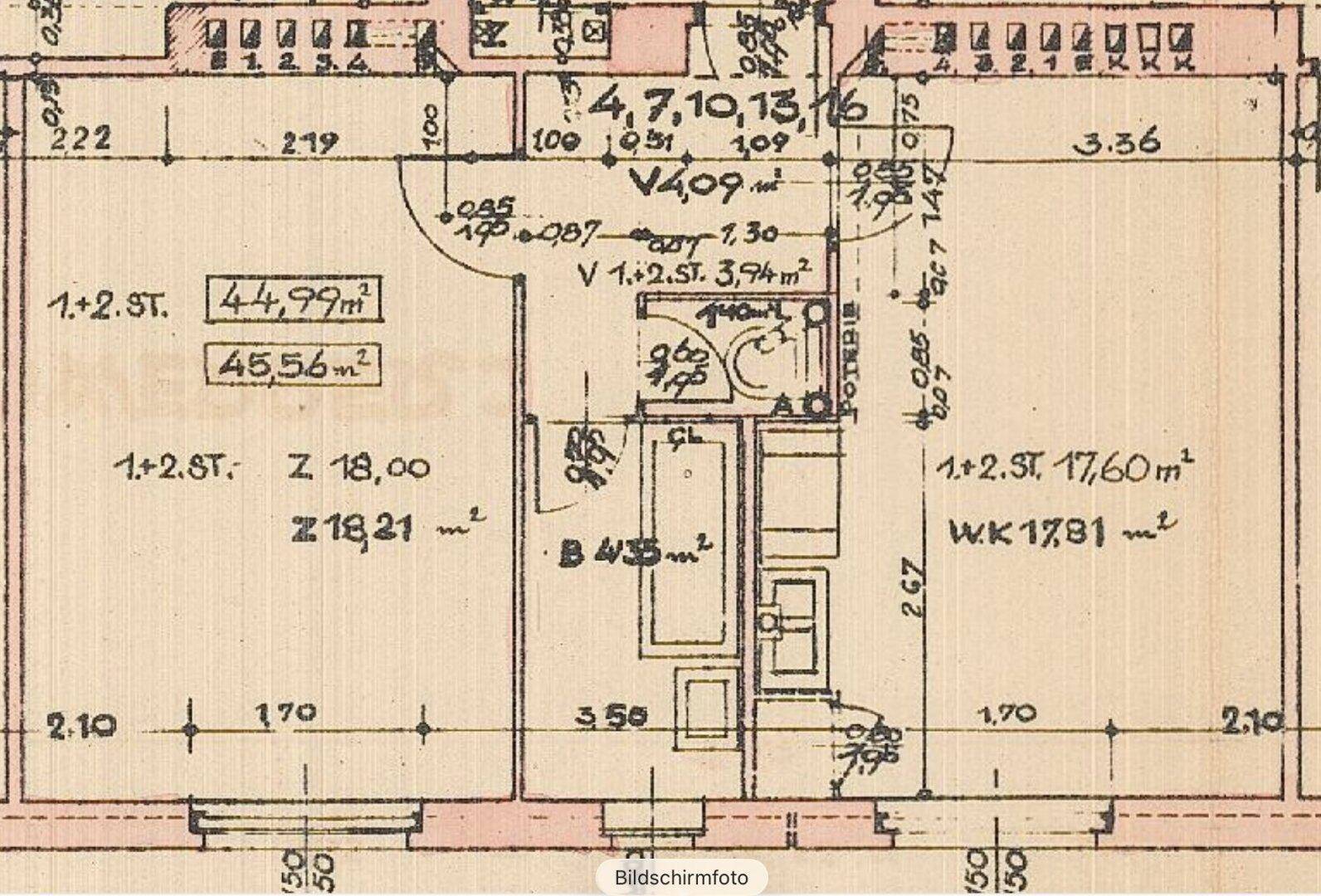 Nahaufnahme eines Grundrissausschnitts mit Raumaufteilung und Maßangaben für eine Wohnung.