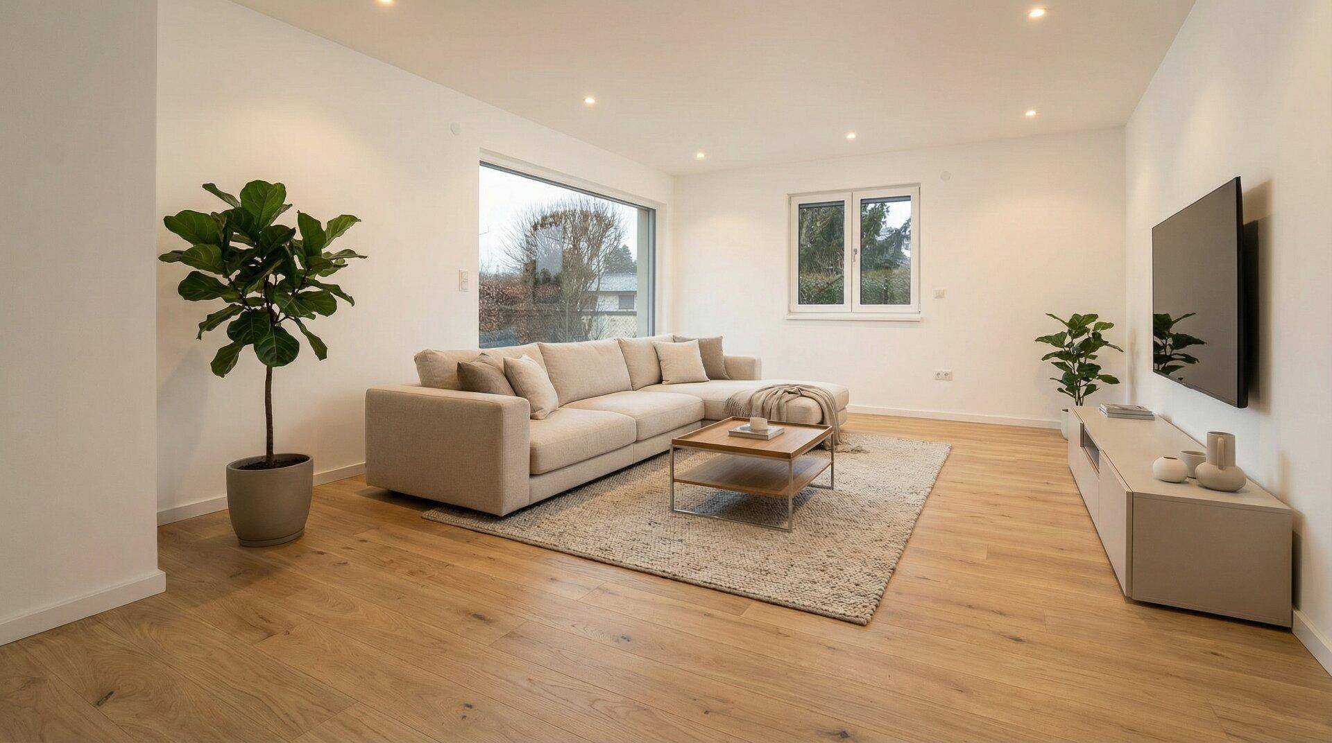 Helles Wohnzimmer mit modernem Sofa, Holzboden und großen Fenstern mit Blick ins Grüne.