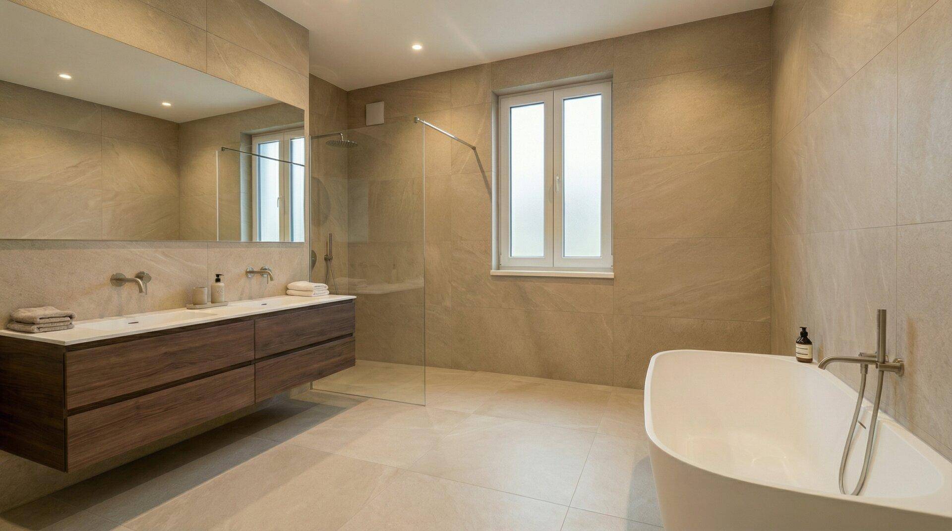 Luxuriöses Badezimmer mit freistehender Badewanne, Doppelwaschbecken und großer Dusche.