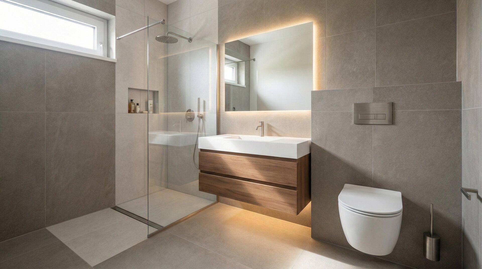Modernes Badezimmer mit begehbarer Dusche, schwebendem Waschtisch und indirekter Beleuchtung.