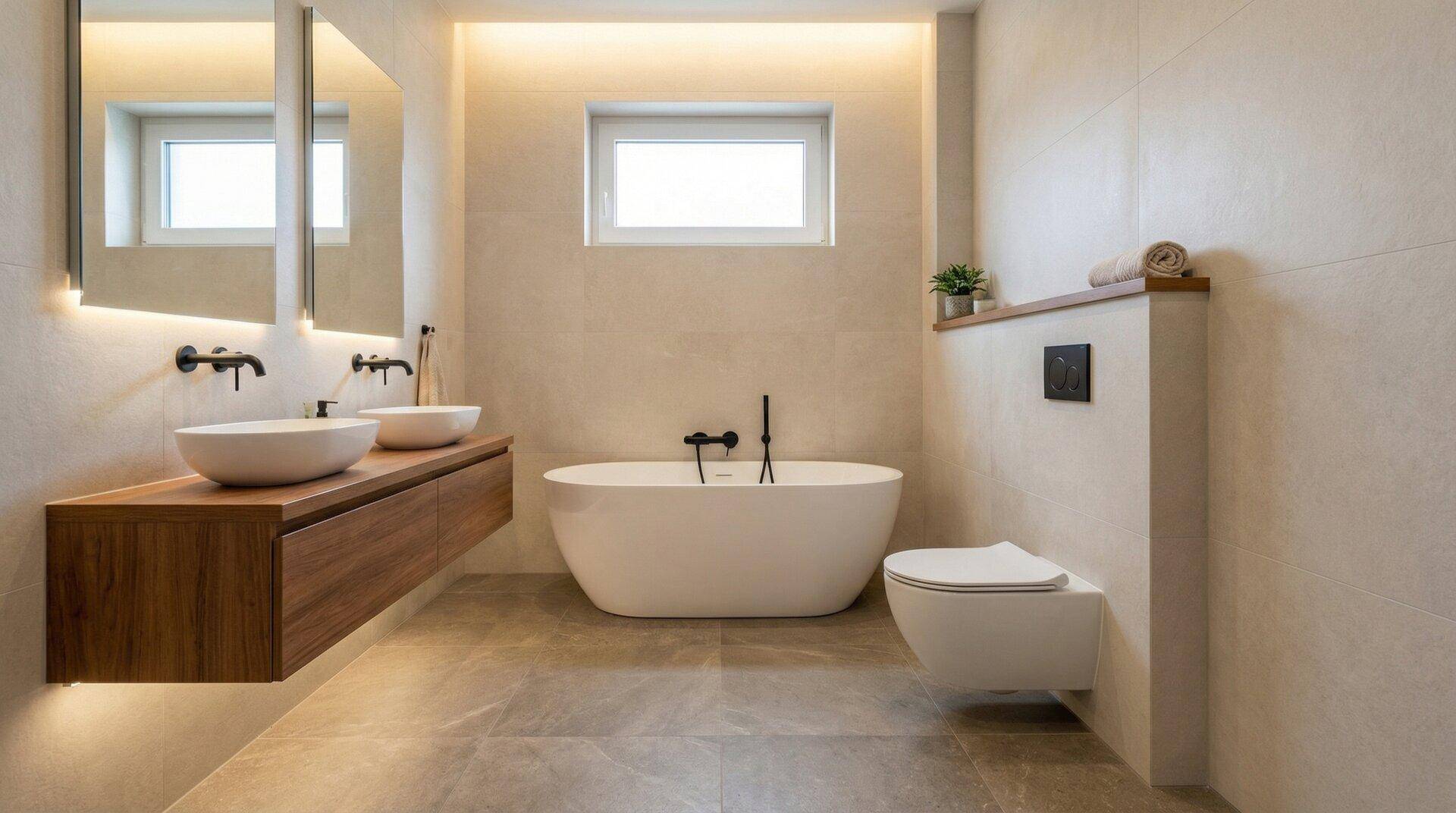 Modernes Badezimmer mit freistehender Badewanne, Doppelwaschbecken und indirekter Beleuchtung.