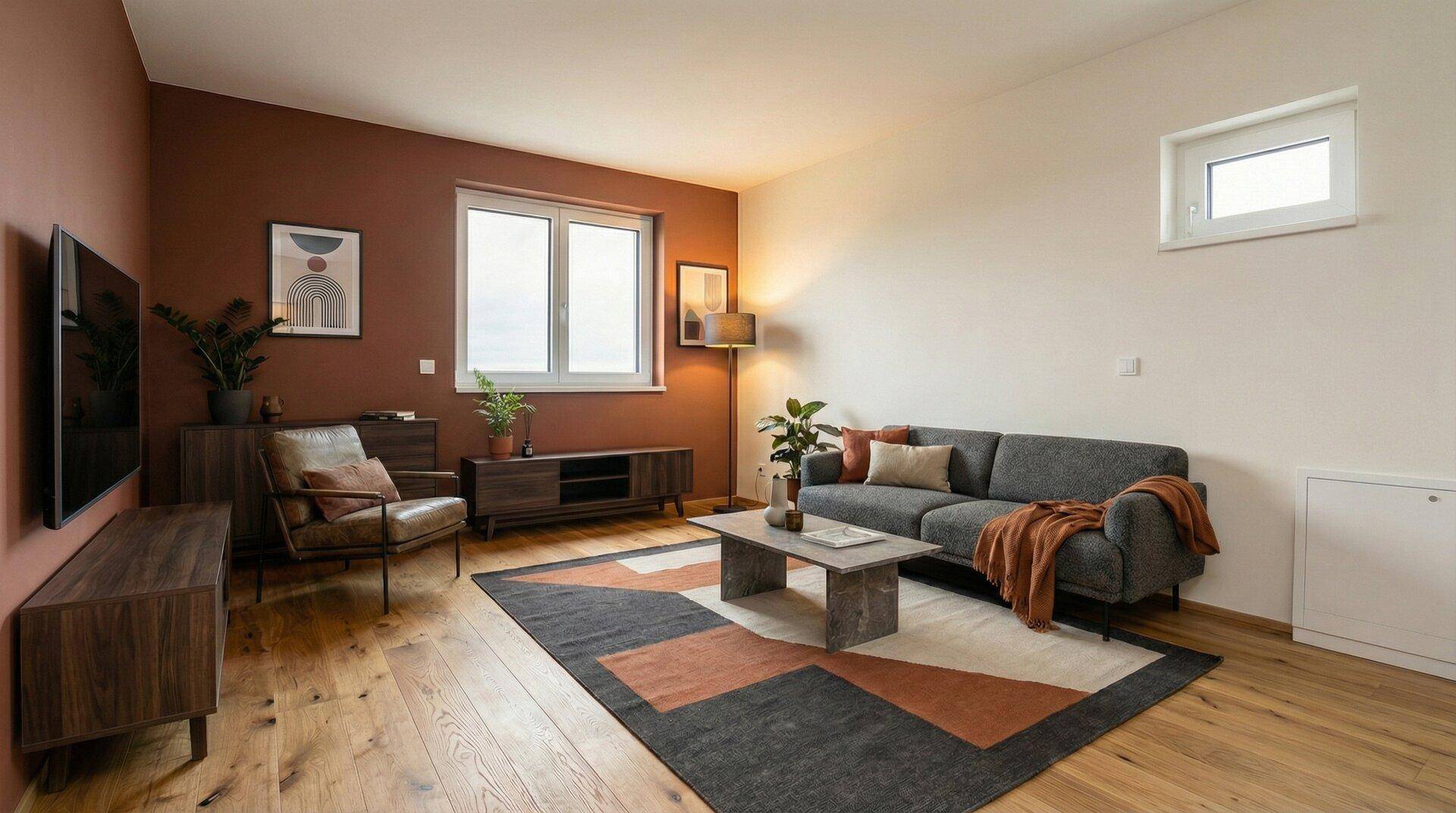 Gemütliches Wohnzimmer mit Sofa, Sessel, Fernseher und Holzboden, modern eingerichtet.