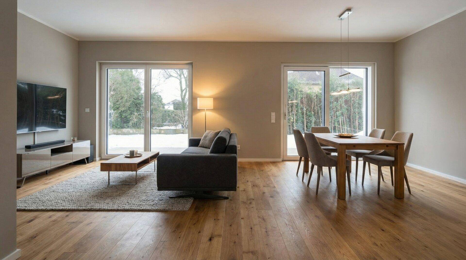Heller Wohn-Essbereich mit Holzboden, gemütlichem Sofa und Esstisch, mit Zugang zum Garten.