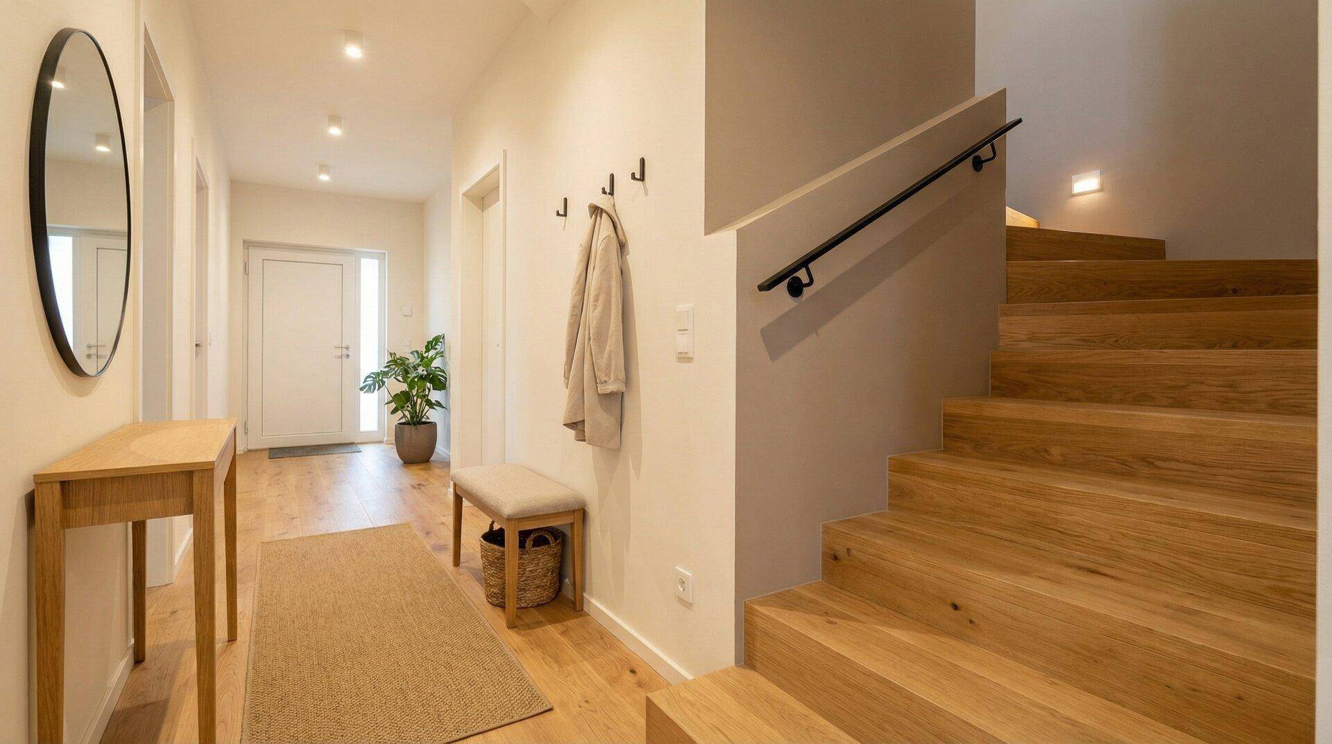 Heller, fertiggestellter Flur mit Holztreppe, Spiegel und Garderobe, einladend gestaltet.