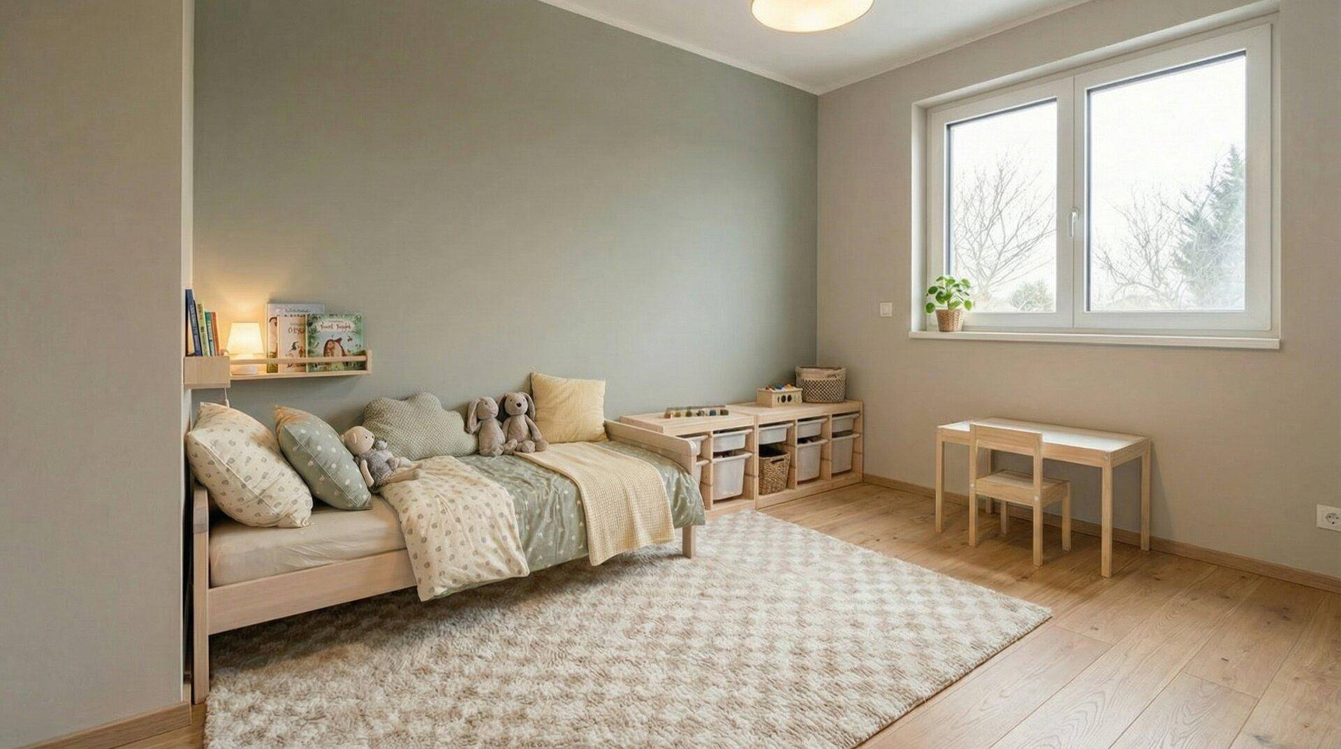 Freundliches Kinderzimmer mit Bett, Spielzeugaufbewahrung und Holzboden, hell und einladend.