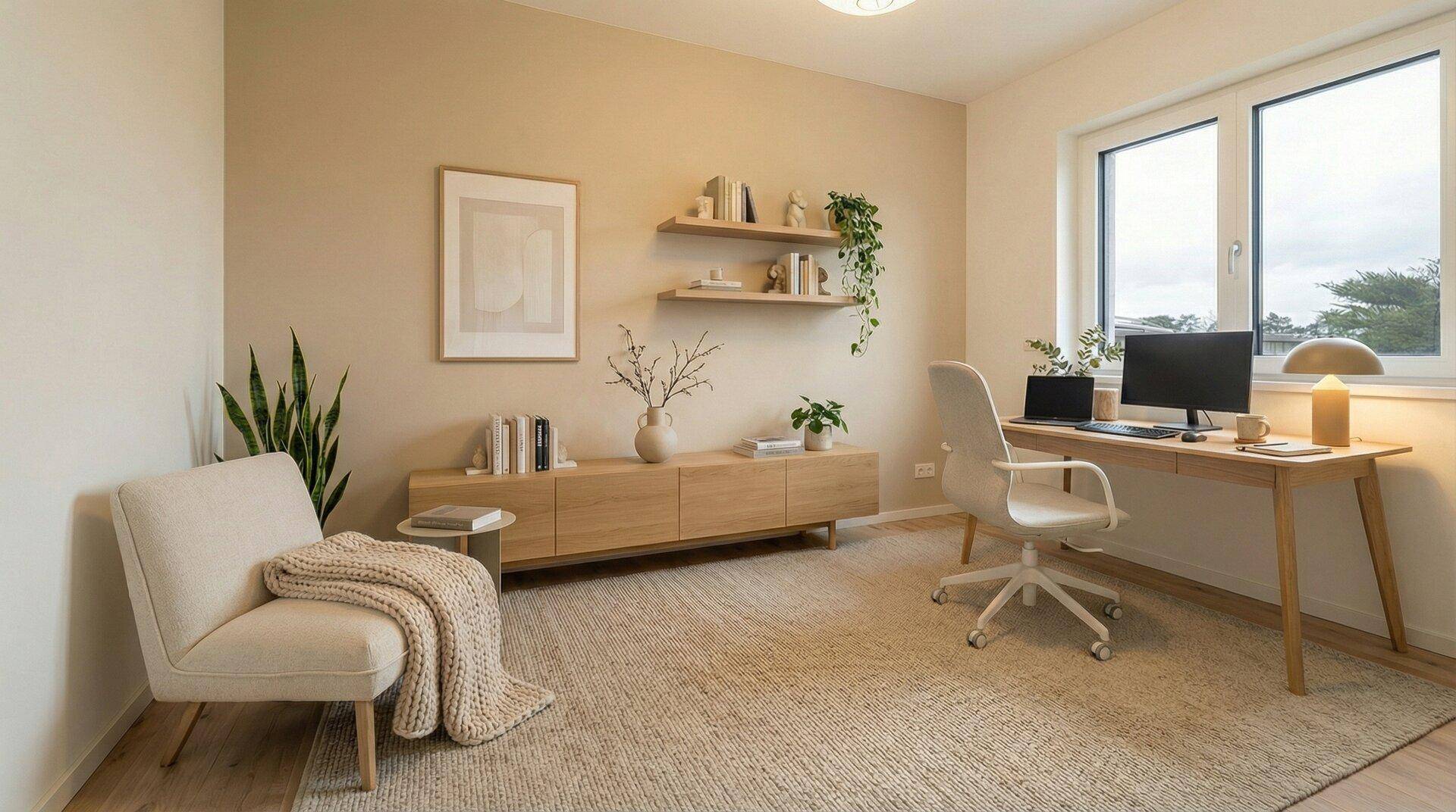 Modern eingerichtetes Büro mit Schreibtisch, beigem Teppich und Pflanzen, hell und funktional.