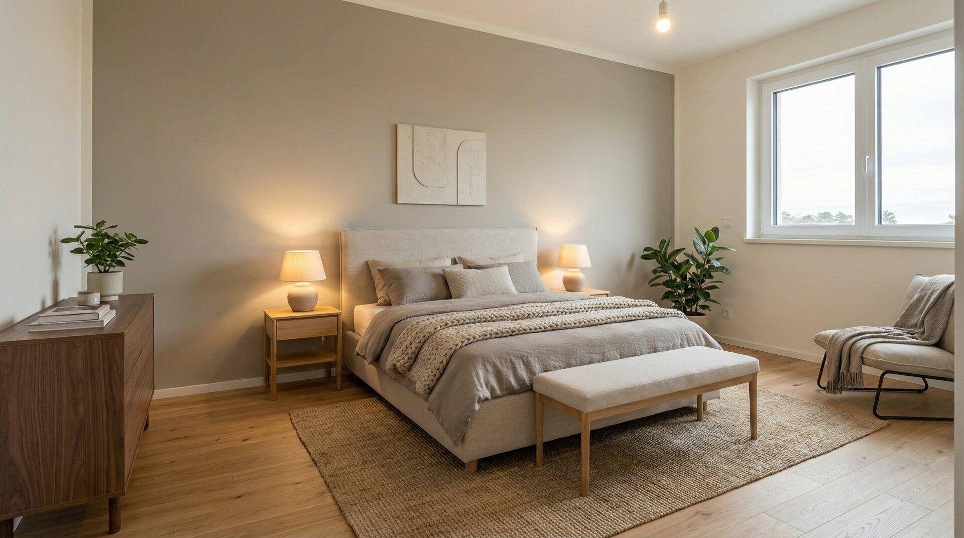 Helles Schlafzimmer mit großem Bett, Nachttischen und Holzboden, gemütlich eingerichtet.
