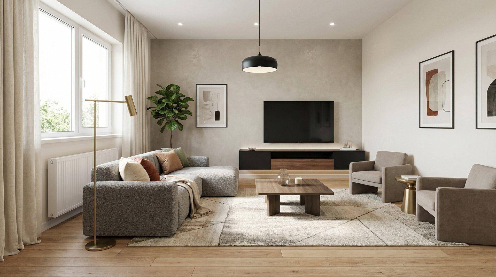 Helles und modern eingerichtetes Wohnzimmer mit Parkettboden, großem Sofa und Blick ins Grüne.