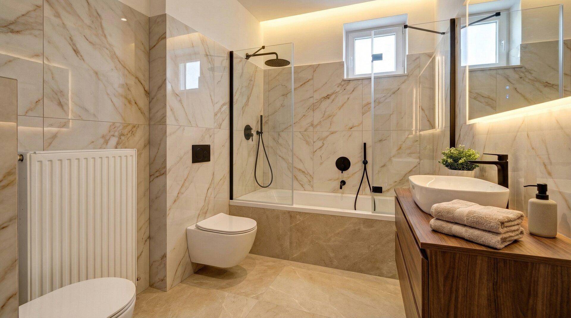 Modernes Badezimmer mit Marmor-Optik-Fliesen, Badewanne mit Duschbereich und Fenster.